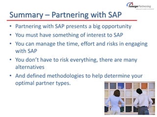Summary – Partnering with SAP
• Partnering with SAP presents a big opportunity
• You must have something of interest to SAP
• You can manage the time, effort and risks in engaging
with SAP
• You don’t have to risk everything, there are many
alternatives
• And defined methodologies to help determine your
optimal partner types.
20
 