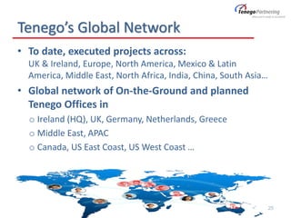 Tenego’s Global Network
• To date, executed projects across:
UK & Ireland, Europe, North America, Mexico & Latin
America, Middle East, North Africa, India, China, South Asia…
• Global network of On-the-Ground and planned
Tenego Offices in
o Ireland (HQ), UK, Germany, Netherlands, Greece
o Middle East, APAC
o Canada, US East Coast, US West Coast …
25
 