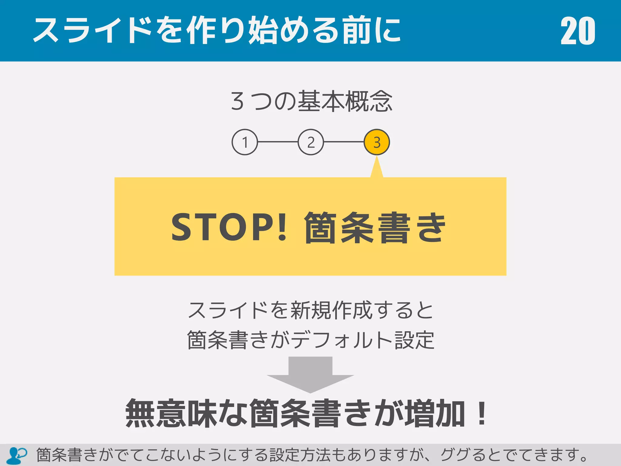 スライドを作り始める前に 20
３つの基本概念
STOP! 箇条書き
1 2 3
スライドを新規作成すると
箇条書きがデフォルト設定
無意味な箇条書きが増加！
箇条書きがでてこないようにする設定方法もありますが、ググるとでてきます。
 