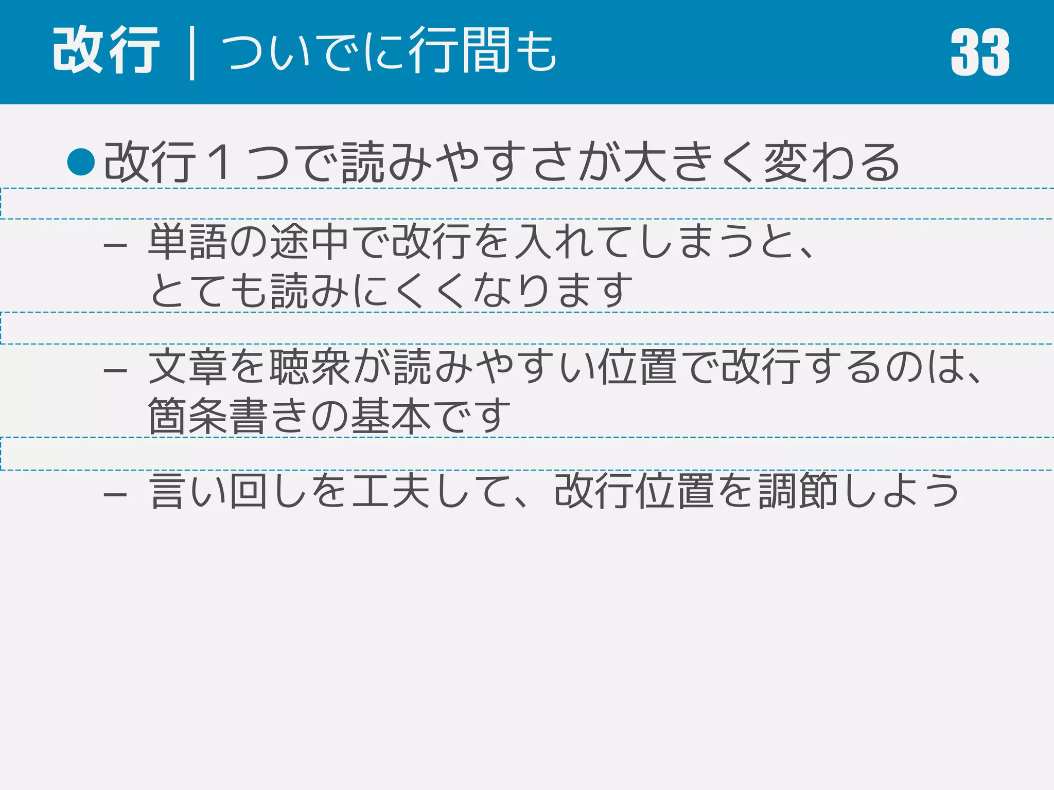 改行｜ついでに行間も
改行１つで読みやすさが大きく変わる
– 単語の途中で改行を入れてしまうと、
とても読みにくくなります
– 文章を聴衆が読みやすい位置で改行するのは、
箇条書きの基本です
– 言い回しを工夫して、改行位置を調節しよう
33
 