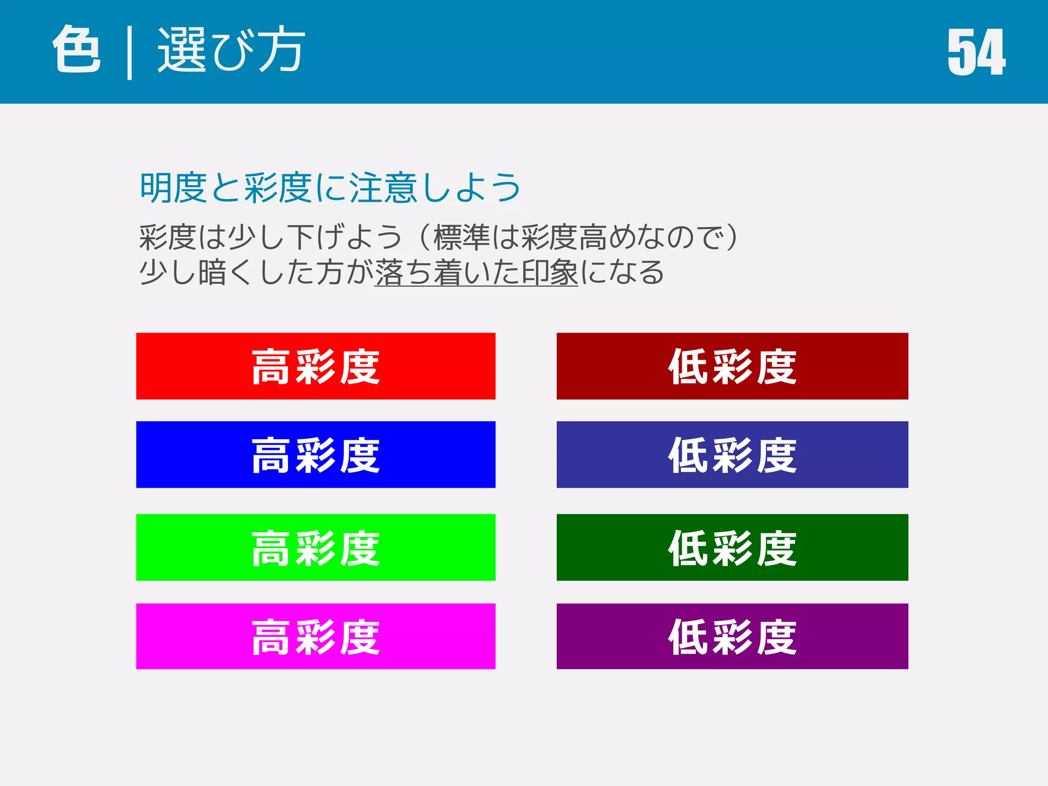 色｜選び方 54
高彩度 低彩度
高彩度 低彩度
高彩度 低彩度
高彩度 低彩度
明度と彩度に注意しよう
彩度は少し下げよう（標準は彩度高めなので）
少し暗くした方が落ち着いた印象になる
 