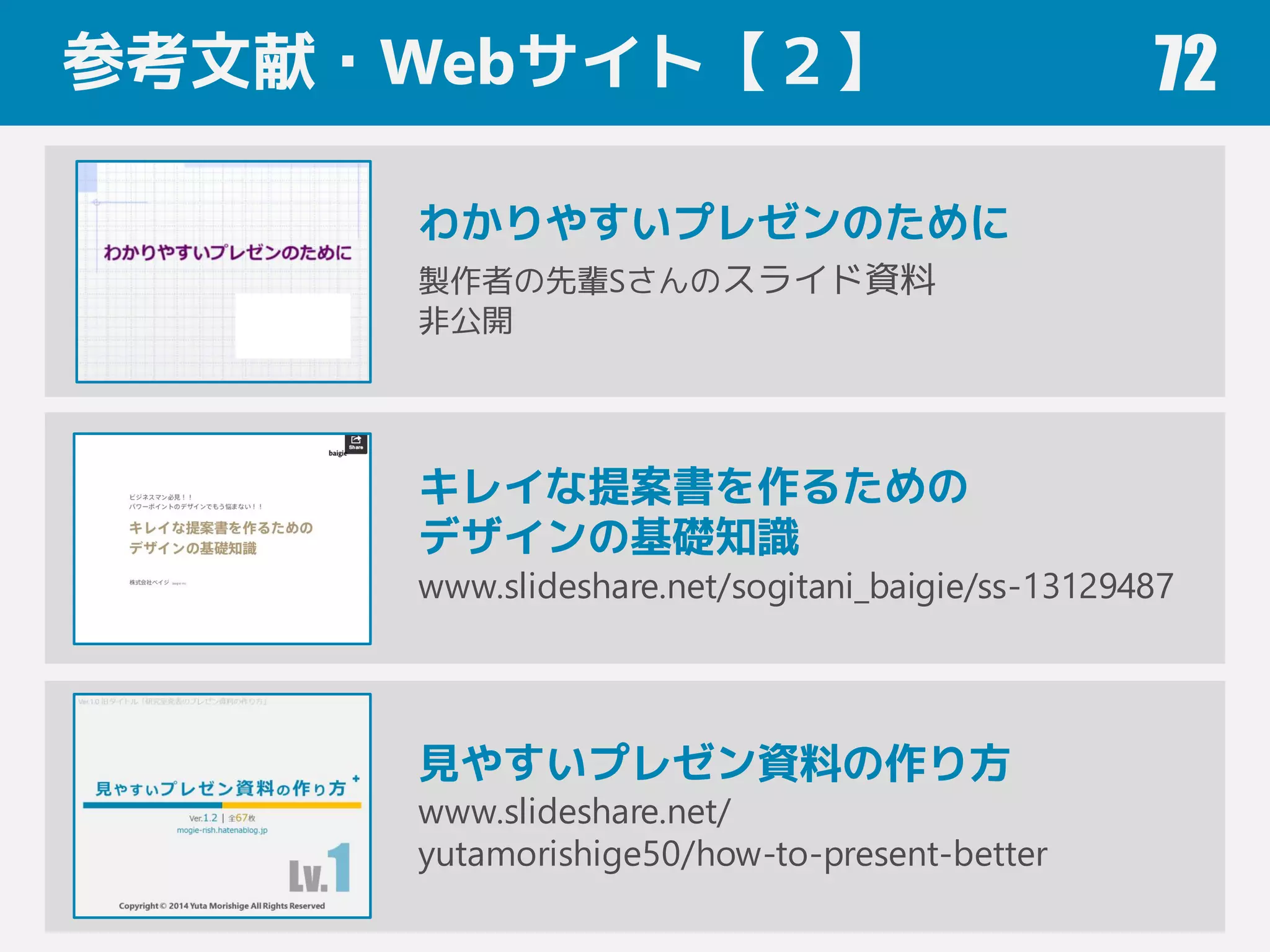 参考文献・Webサイト【２】 72
わかりやすいプレゼンのために
製作者の先輩Sさんのスライド資料
非公開
キレイな提案書を作るための
デザインの基礎知識
www.slideshare.net/sogitani_baigie/ss-13129487
見やすいプレゼン資料の作り方
www.slideshare.net/
yutamorishige50/how-to-present-better
NO PICTURE
 