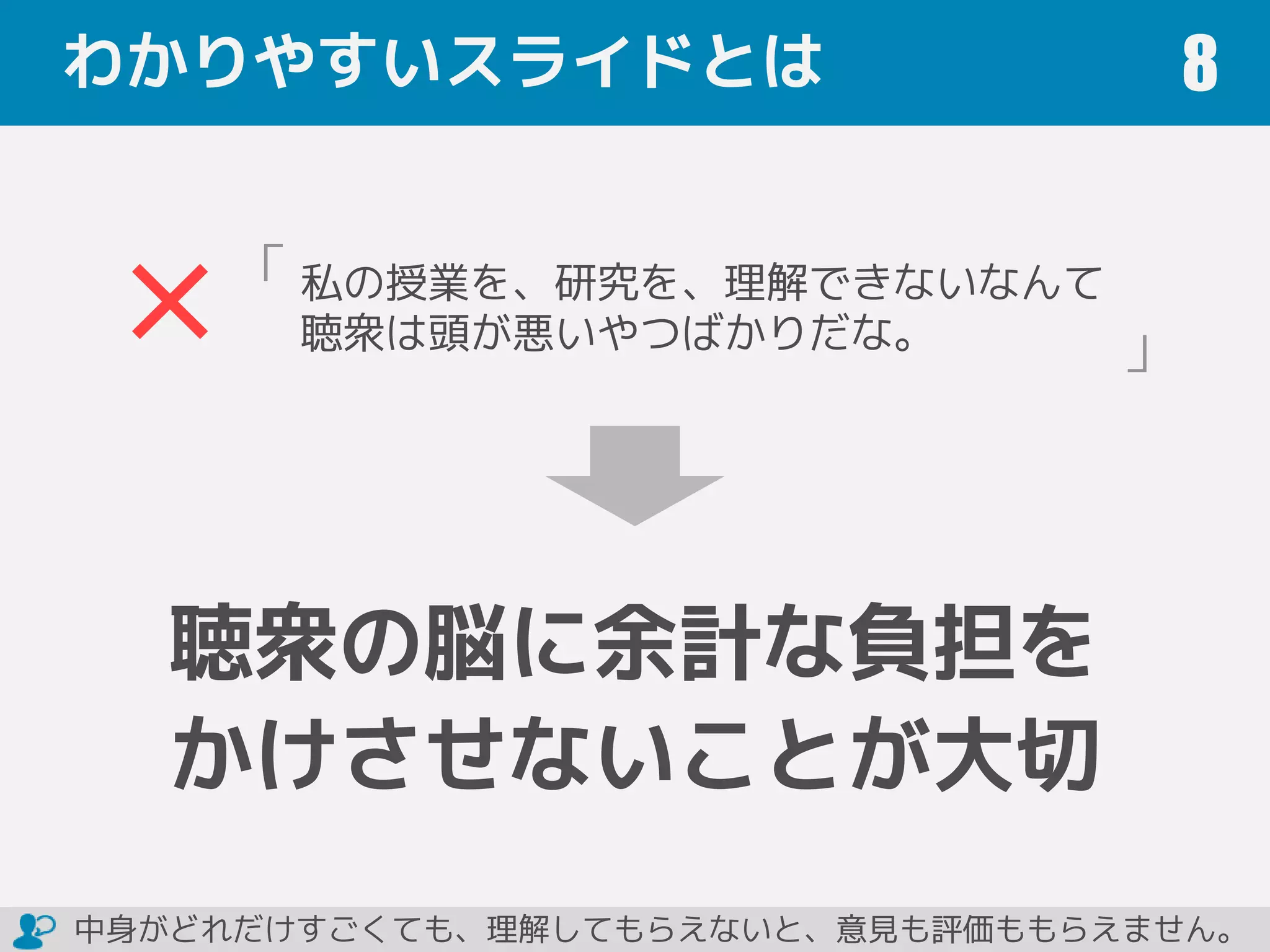 わかりやすいスライドとは 8
私の授業を、研究を、理解できないなんて
聴衆は頭が悪いやつばかりだな。
「
」
聴衆の脳に余計な負担を
かけさせないことが大切
中身がどれだけすごくても、理解してもらえないと、意見も評価ももらえません。
 