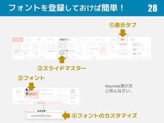 フォントを登録しておけば簡単！ 28
①表示タブ
②スライドマスター
…
③フォント
④フォントのカスタマイズ
Keynote派の方
ごめんなさい…
 