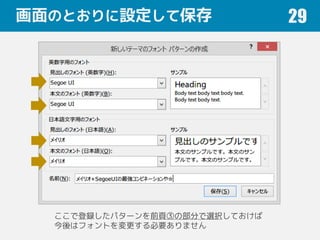 画面のとおりに設定して保存 29
ここで登録したパターンを前頁③の部分で選択しておけば
今後はフォントを変更する必要ありません
 
