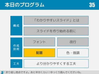 本日のプログラム 35
フォント 改行
色・強調
「わかりやすいスライド」とは
配置
スライドを作り始める前に
作成
技術
構成
工夫 より分かりやすくする工夫
折り返し地点ですよ。あと半分くらい！ゆっくり読んでくださいね。
 