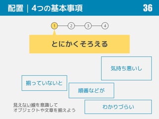 配置｜4つの基本事項 36
1 2 3 4
とにかくそろえる
揃っていないと
気持ち悪いし
順番などが
わかりづらい見えない線を意識して
オブジェクトや文章を揃えよう
 