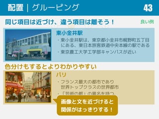 1 2 3 4
配置｜グルーピング 43
東小金井駅
・東小金井駅は、東京都小金井市梶野町五丁目
にある、東日本旅客鉄道中央本線の駅である
・東京農工大学工学部キャンパスが近い
パリ
・フランス最大の都市であり
世界トップクラスの世界都市
・「芸術の都」の異名を持つ、
芸術の世界的中心地
同じ項目は近づけ、違う項目は離そう！
色分けもするとよりわかりやすい
良い例
画像と文を近づけると
関係がはっきりする！
 