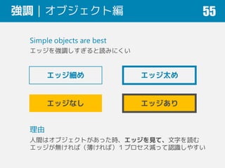 強調｜オブジェクト編 55
Simple objects are best
エッジを強調しすぎると読みにくい
エッジ細め エッジ太め
エッジなし エッジあり
理由
人間はオブジェクトがあった時、エッジを見て、文字を読む
エッジが無ければ（薄ければ）１プロセス減って認識しやすい
 