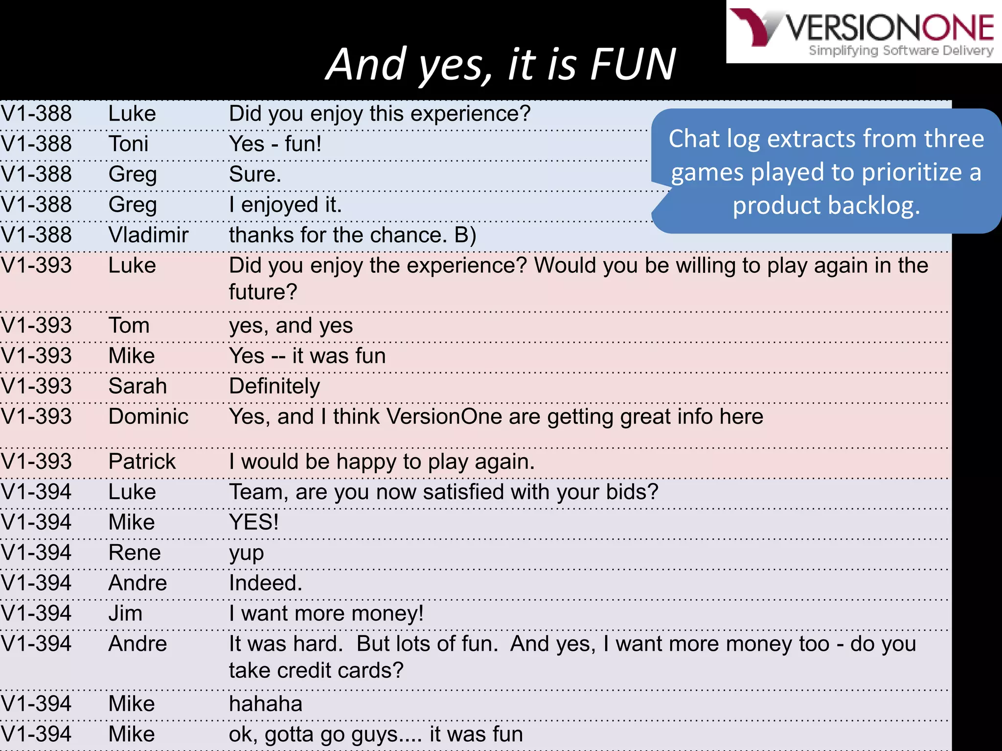 And yes, it is FUNChat log extracts from three games played to prioritize a product backlog.