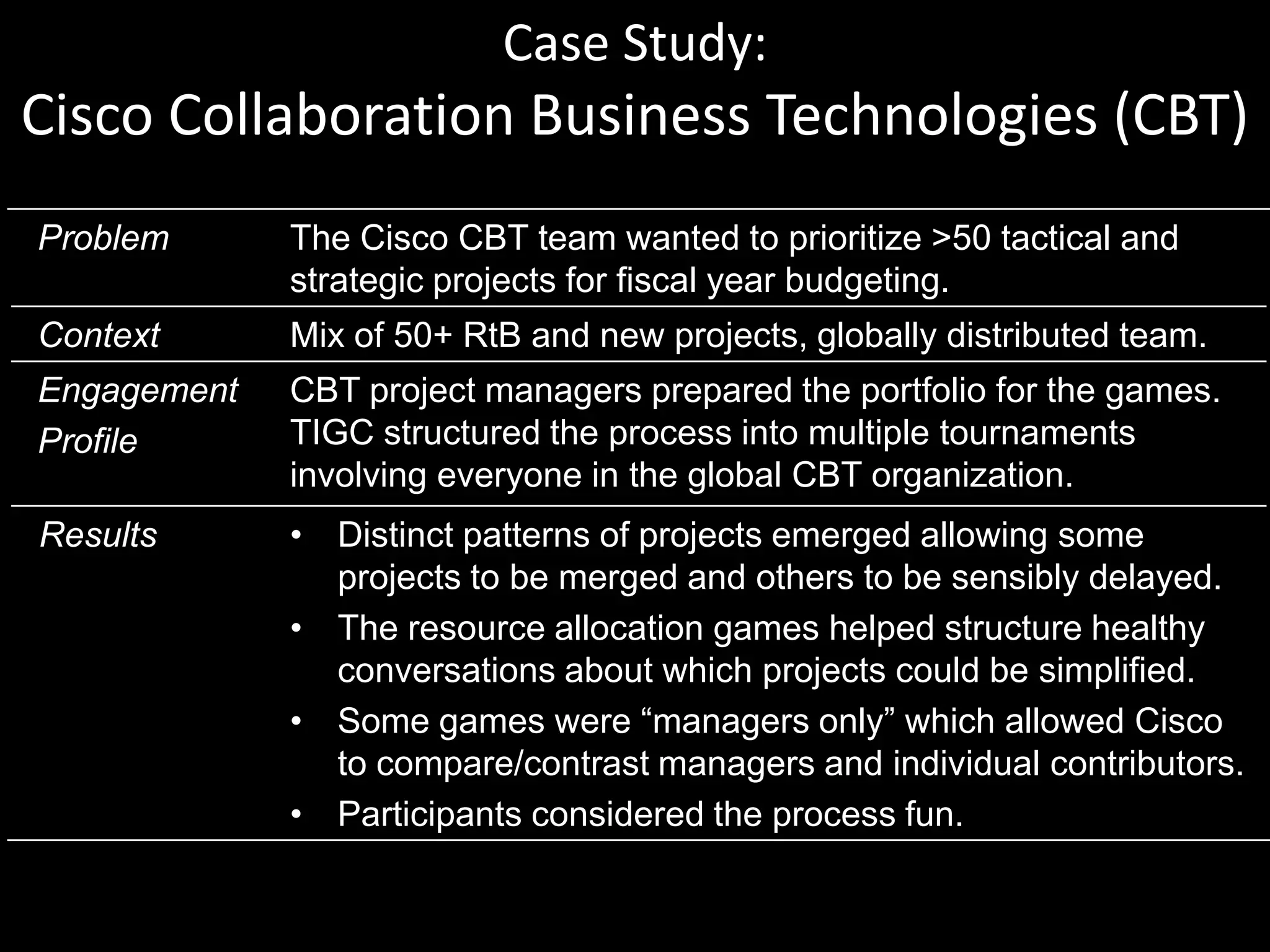 Results? The prioritized projects AND the reasons behind the priorities!The Essential SummaryWe prioritize your projects by engaging your global team in online tournaments.You have more projects to do than you can afford.We reduce execution risk by ensuring that you have checked your resources against your priorities.…………And yeah, the process is seriously fun…