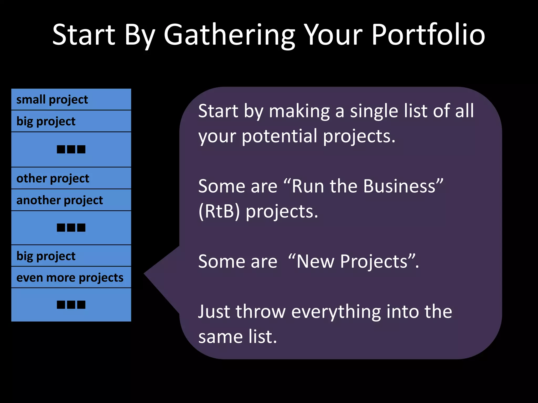 Start By Gathering Your PortfolioStart by making a single list of all your potential projects. Some are “Run the Business” (RtB) projects. Some are  “New Projects”. Just throw everything into the same list.