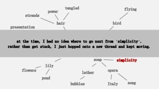 Dove
soap
dove
soap simplicity
Italy song
opera
split ends
flowers
iris
lily
scent
bubbles
lather
flying
bird
hair care
presentation
finish
hair
olive branch
peace
pond
strands
power
tangled
at the time, I had no idea where to go next from ‘simplicity’.
rather than get stuck, I just hopped onto a new thread and kept moving.
 