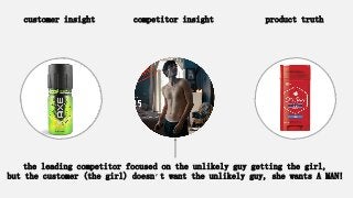 customer insight competitor insight product truth
the leading competitor focused on the unlikely guy getting the girl,
but the customer (the girl) doesn’t want the unlikely guy, she wants A MAN!
 