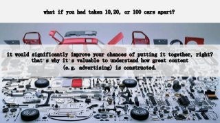 what if you had taken 10,20, or 100 cars apart?
it would significantly improve your chances of putting it together, right?
that’s why it’s valuable to understand how great content
(e.g. advertising) is constructed.
 