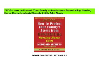 DOWNLOAD ON THE LAST PAGE !!!!
^PDF^ How to Protect Your Family's Assets from Devastating Nursing Home Costs: Medicaid Secrets (14th Ed.) books Written by an elder law attorney with over 25 years of experience, this book will help anyone with a family member faced with a long-term stay in a nursing home who wishes to preserve at least some of their assets by qualifying for the Medicaid program. You don't have to be broke to qualify! For the first time ever, the inside secrets of high-priced estate planning and elder law attorneys are revealed. Includes a summary of all income and asset rules for both married and single individuals, together with numerous examples and several case studies, which take the reader through the same thought processes that an experienced elder law attorney would go through when analyzing a real-life client's situation. The book includes tips on: how to title your home so you do not lose it to the state how to make transfers to family members that won't disqualify you from Medicaid how annuities make assets disappear smart tricks for spending down your assets what to change in your will to save thousands of dollars if your spouse ever needs nursing home care avoiding the state's reimbursement claim following the nursing home resident's death and much more. The 2013 Seventh Edition has been expanded, revised, and completely updated to incorporate all changes in the law as of January 1, 2013, and includes two chapters on Veterans' benefits.
^PDF^ How to Protect Your Family's Assets from Devastating Nursing
Home Costs: Medicaid Secrets (14th Ed.) Ebook
 