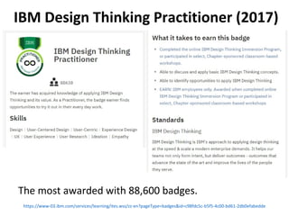 https://www-03.ibm.com/services/learning/ites.wss/zz-en?pageType=badges&id=c98fdc5c-b5f5-4c00-bd61-2db0efabedde
IBM Design Thinking Practitioner (2017)
The most awarded with 88,600 badges.
 