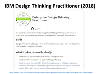 IBM Design Thinking Practitioner (2018)
https://www-03.ibm.com/services/learning/ites.wss/zz-en?pageType=badges&id=c98fdc5c-b5f5-4c00-bd61-2db0efabedde
 