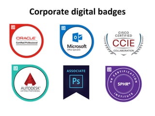 • Microsoft
• Oracle
• Cisco
• Autodesk
• Adobe
• HR Certification Institute
Corporate digital badges
 