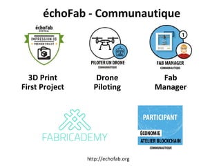 échoFab - Communautique
http://echofab.org
3D Print
First Project
Drone
Piloting
Fab
Manager
 