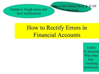 How to Rectify Errors in Financial Accounts Simple to Tough errors and  their rectifications Useful to B.COM,ICMAP & ICAP Students Useful To lecturers Who enter Into  Teaching profession 