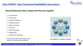 15
One Platform. Complete Visibility.
© MaintWiz Technologies 2026. All rights reserved. https://www.maintwiz.com
One CMMS. One Connected Reliability Ecosystem.
 Asset hierarchy
 PM schedules
 Condition monitoring
 Predictive analytics
 Digital work orders
 Spare parts
 Mobile inspections
 Reliability KPIs
 Management dashboards
Bring Maintenance Data, People and Processes Together
The article describes CMMS as the central
platform connecting these capabilities.
 