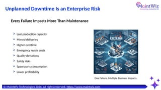 3
One Failure. Multiple Business Impacts.
© MaintWiz Technologies 2026. All rights reserved. https://www.maintwiz.com
Unplanned Downtime Is an Enterprise Risk
 Lost production capacity
 Missed deliveries
 Higher overtime
 Emergency repair costs
 Quality deviations
 Safety risks
 Spare parts consumption
 Lower profitability
Every Failure Impacts More Than Maintenance
 