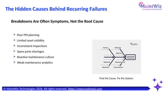 4
© MaintWiz Technologies 2026. All rights reserved. https://www.maintwiz.com
Find the Cause. Fix the System.
The Hidden Causes Behind Recurring Failures
 Poor PM planning
 Limited asset visibility
 Inconsistent inspections
 Spare parts shortages
 Reactive maintenance culture
 Weak maintenance analytics
Breakdowns Are Often Symptoms, Not the Root Cause
 