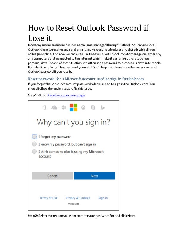 how to reset outlook password if lose it reset outlook