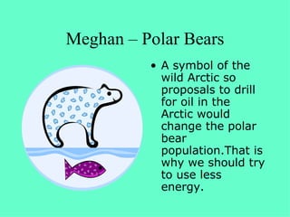 Meghan – Polar Bears A symbol of the wild Arctic so proposals to drill for oil in the Arctic would change the polar bear population.That is why we should try to use less energy.  