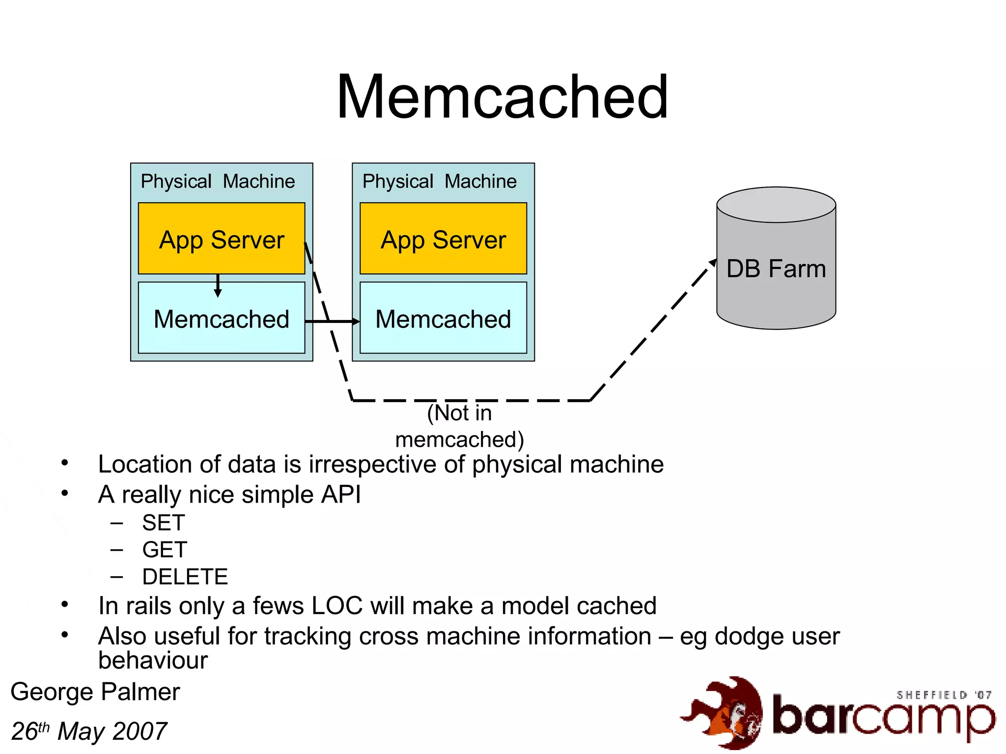 Memcached Location of data is irrespective of physical machine A really nice simple API SET GET DELETE In rails only a fews LOC will make a model cached Also useful for tracking cross machine information – eg dodge user behaviour App Server DB Farm Memcached Physical  Machine App Server Memcached Physical  Machine (Not in memcached) 