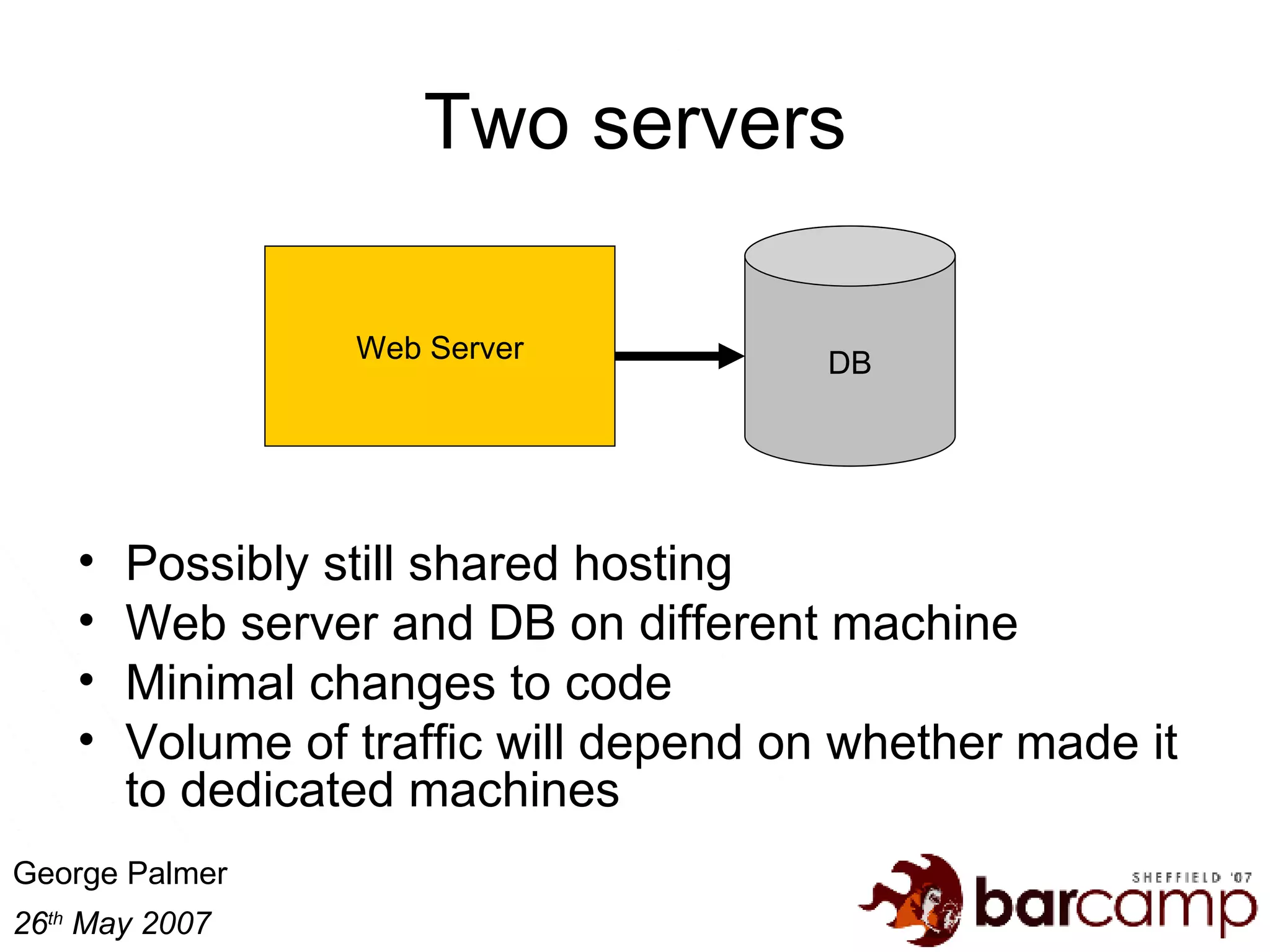 Two servers Possibly still shared hosting Web server and DB on different machine Minimal changes to code Volume of traffic will depend on whether made it to dedicated machines DB Web Server 