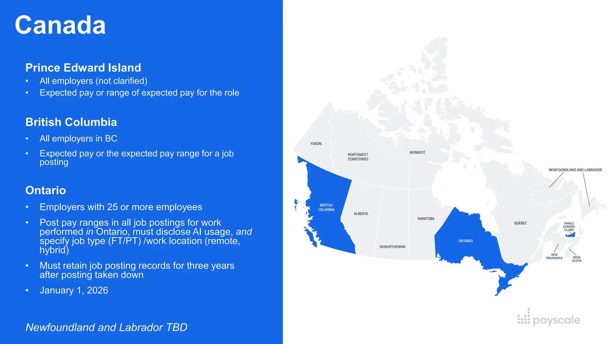 10
Canada
Prince Edward Island
• All employers (not clarified)
• Expected pay or range of expected pay for the role
British Columbia
• All employers in BC
• Expected pay or the expected pay range for a job
posting
Ontario
• Employers with 25 or more employees
• Post pay ranges in all job postings for work
performed in Ontario, must disclose AI usage, and
specify job type (FT/PT) /work location (remote,
hybrid)
• Must retain job posting records for three years
after posting taken down
• January 1, 2026
Newfoundland and Labrador TBD
 