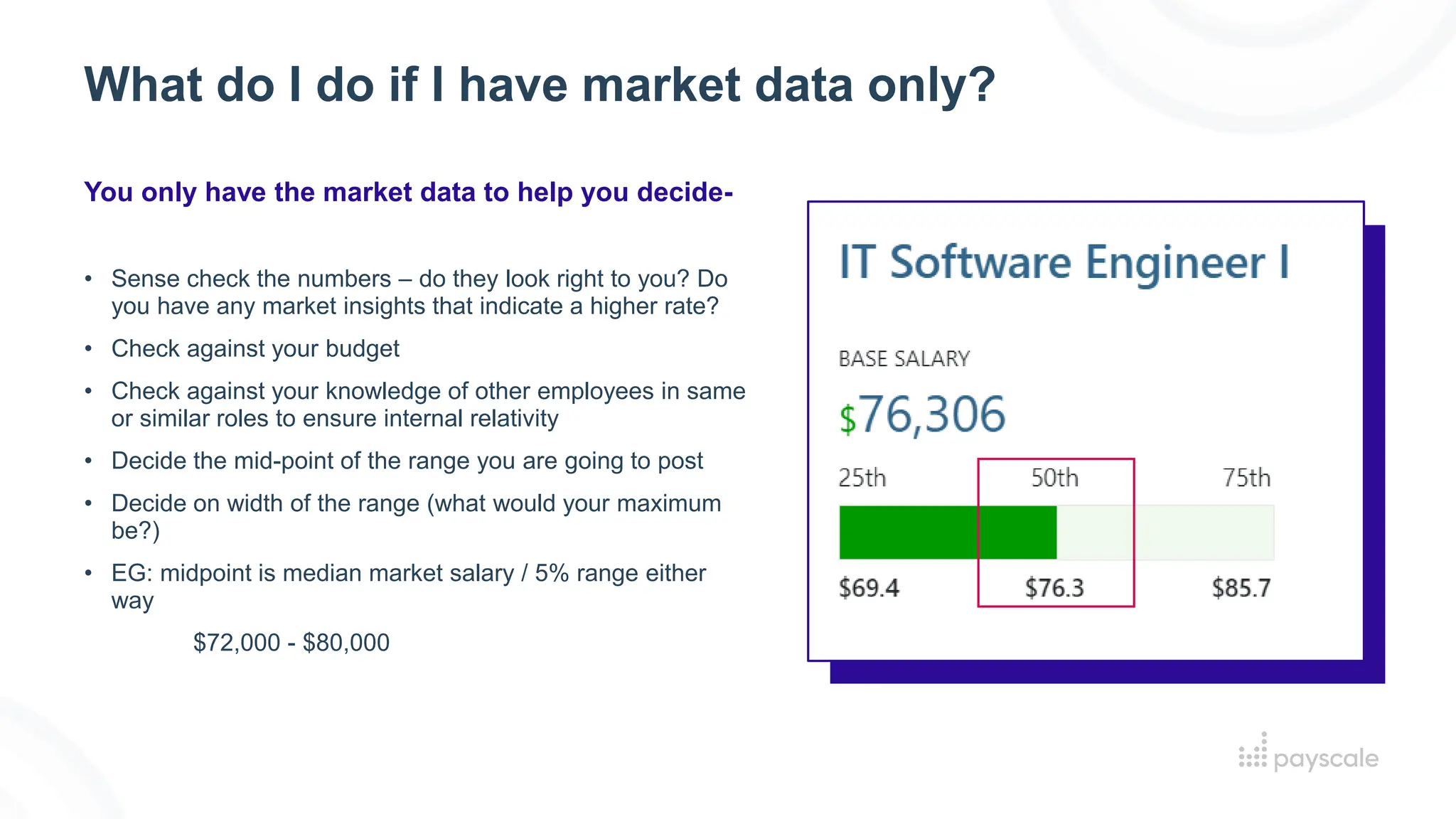 You only have the market data to help you decide-
• Sense check the numbers – do they look right to you? Do
you have any market insights that indicate a higher rate?
• Check against your budget
• Check against your knowledge of other employees in same
or similar roles to ensure internal relativity
• Decide the mid-point of the range you are going to post
• Decide on width of the range (what would your maximum
be?)
• EG: midpoint is median market salary / 5% range either
way
$72,000 - $80,000
What do I do if I have market data only?
 