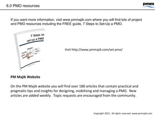 6.0 PMO resources
If you want more information, visit www.pmmajik.com where you will find lots of project
and PMO resources including the FREE guide, 7 Steps to Set-Up a PMO.
Visit http://www.pmmajik.com/set-pmo/
PM Majik Website
On the PM Majik website you will find over 100 articles that contain practical and
pragmatic tips and insights for designing, mobilising and managing a PMO. New
articles are added weekly. Topic requests are encouraged from the community.
Copyright 2015. All rights reserved. www.pmmajik.com
 