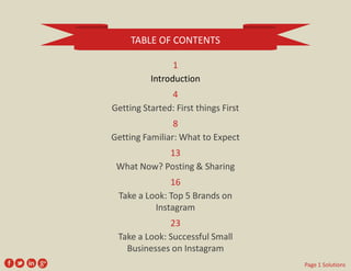 TABLE OF CONTENTS 
1 
Introduction 
4 
Getting Started: First things First 
8 
Getting Familiar: What to Expect 
13 
What Now? Posting & Sharing 
16 
Take a Look: Top 5 Brands on Instagram 
23 
Take a Look: Successful Small Businesses on Instagram 
Page 1 Solutions  