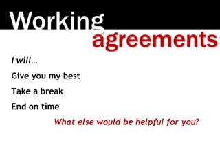I will…
Give you my best
Take a break
End on time
What else would be helpful for you?
Working
agreements
 