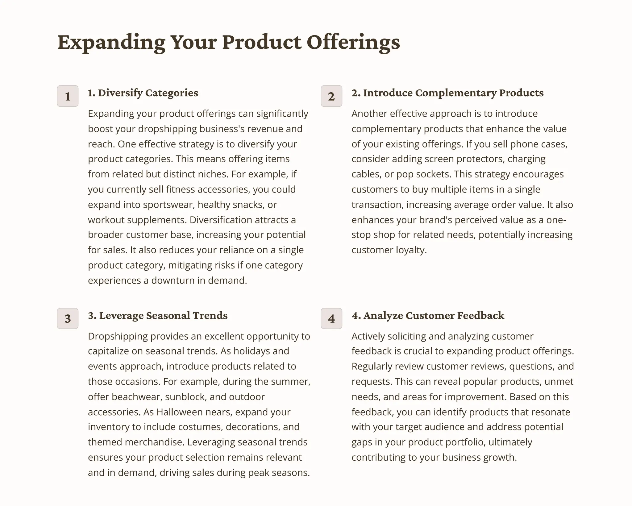 Expanding Your Product Offerings
1 1. Diversify Categories
Expanding your product offerings can significantly
boost your dropshipping business's revenue and
reach. One effective strategy is to diversify your
product categories. This means offering items
from related but distinct niches. For example, if
you currently sell fitness accessories, you could
expand into sportswear, healthy snacks, or
workout supplements. Diversification attracts a
broader customer base, increasing your potential
for sales. It also reduces your reliance on a single
product category, mitigating risks if one category
experiences a downturn in demand.
2 2. Introduce Complementary Products
Another effective approach is to introduce
complementary products that enhance the value
of your existing offerings. If you sell phone cases,
consider adding screen protectors, charging
cables, or pop sockets. This strategy encourages
customers to buy multiple items in a single
transaction, increasing average order value. It also
enhances your brand's perceived value as a one-
stop shop for related needs, potentially increasing
customer loyalty.
3 3. Leverage Seasonal Trends
Dropshipping provides an excellent opportunity to
capitalize on seasonal trends. As holidays and
events approach, introduce products related to
those occasions. For example, during the summer,
offer beachwear, sunblock, and outdoor
accessories. As Halloween nears, expand your
inventory to include costumes, decorations, and
themed merchandise. Leveraging seasonal trends
ensures your product selection remains relevant
and in demand, driving sales during peak seasons.
4 4. Analyze Customer Feedback
Actively soliciting and analyzing customer
feedback is crucial to expanding product offerings.
Regularly review customer reviews, questions, and
requests. This can reveal popular products, unmet
needs, and areas for improvement. Based on this
feedback, you can identify products that resonate
with your target audience and address potential
gaps in your product portfolio, ultimately
contributing to your business growth.
 