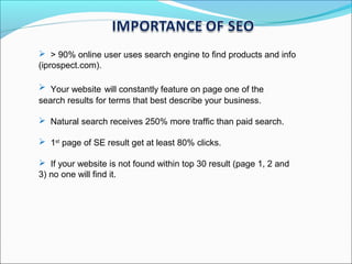  > 90% online user uses search engine to find products and info
(iprospect.com).

 Your website will constantly feature on page one of the
search results for terms that best describe your business.

 Natural search receives 250% more traffic than paid search.

 1st page of SE result get at least 80% clicks.

 If your website is not found within top 30 result (page 1, 2 and
3) no one will find it.
 