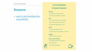 A11y Checkliste
- Content Creators -
Integrate Subtitels and Captions
No Autostart
No ﬂashing Elements
Video, Audio & Slid...