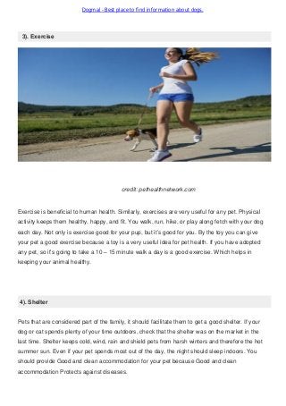 Dogmal - Best place to find information about dogs.
3). Exercise
credit: pethealthnetwork.com
Exercise is beneficial to human health. Similarly, exercises are very useful for any pet. Physical
activity keeps them healthy, happy, and fit. You walk, run, hike, or play along fetch with your dog
each day. Not only is exercise good for your pup, but it’s good for you. By the toy you can give
your pet a good exercise because a toy is a very useful idea for pet health. If you have adopted
any pet, so it’s going to take a 10 – 15 minute walk a day is a good exercise. Which helps in
keeping your animal healthy.
4). Shelter
Pets that are considered part of the family, it should facilitate them to get a good shelter. If your
dog or cat spends plenty of your time outdoors, check that the shelter was on the market in the
last time. Shelter keeps cold, wind, rain and shield pets from harsh winters and therefore the hot
summer sun. Even if your pet spends most out of the day, the night should sleep indoors. You
should provide Good and clean accommodation for your pet because Good and clean
accommodation Protects against diseases.
 