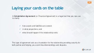 Laying your cards on the table 
A Cohabitation Agreement (or Financial Agreement) is a legal tool that you can use 
to cla...