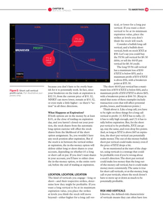 tical, or lower for a long put
vertical. If you want a short
vertical to be at its minimum
expiration value, place the
strikes at levels you don’t
think the stock will reach.
Consider a bullish long call
vertical, and a bullish short
vertical, both on stock XYZ at
$50. Let’s say you could buy
the 55/56 call vertical for $0.30
debit, or sell the 44/45 put
vertical for $0.30 credit.
The long 55/56 call vertical
has a maximum loss of $30
if XYZ is below $55, and a
maximum profit of $70 if XYZ
is above $56, with a breakeven
point at $55.30.
The short 44/45 put vertical has a maxi-
mum loss of $70 if XYZ is below $44, and a
maximum profit of $30 if XYZ is above $45,
with a breakeven point at $44.70. (Keep in
mind that none of these examples include
transaction costs that will affect potential
profits, losses, and breakeven points.)
Think about it. Like a long call, you have
to be right on three things for a long call
vertical to profit: (1) XYZ has to rally, (2)
it has to rally high enough, and (3) it has to
rally before expiration. But, for the short
put vertical to be profitable, XYZ can go
up, stay the same, and even drop five points.
And, as long as XYZ is above $45 at expira-
tion, the short put vertical can potentially
make money.The out-of-the-money bullish
short put vertical could make money even if
the price of XYZ drops a bit.
As we mentioned at the start of the chap-
ter, using verticals is a strategy that could
be profitable even if you’re wrong about
a stock’s direction.The short put vertical
could make less money than the long out-
of-the-money call vertical, but it could make
money more consistently.The same is true
for short call verticals, or at-the-money, long
call or put verticals, where the stock doesn’t
have to move up or down as much to be
potentially profitable.
RISK AND VERTICALS
Likewise, the defined-risk characteristic
of verticals means they can often have less
because you don’t have to be overly bear-
ish for it to potentially work. In fact, since
your breakeven on the trade at expiration is
$32.31, from the current price of $31.32,
MNKY can move lower, remain at $31.32,
or even trade a little higher—so there’s “ac-
tion” in all three directions.
What Happens at Expiration?
If both options are in the money by at least
$.01, at the close of trading on expiration
day, and you haven’t closed out your posi-
tion, the stock shares from the automatic
long option exercise will offset the stock
shares from the likelihood of the short
option assignment. So, you wouldn’t have
any stock position after expiration. But if
the stock is in between the vertical strikes
at expiration, the in-the-money option will
deliver either long or short shares to your
account, depending on whether it’s a long
or short call or put. If you don’t want shares
in your account, you’ll have to either close
the in-the-money option, or the entire verti-
cal, before the end of trading at expiration.
LOCATION, LOCATION, LOCATION
The kind of verticals you engage—long or
short—and their respective strikes, deter-
mine how they might be profitable. If you
want a long vertical to be at its maximum
expiration value, you place the strikes
at levels you think the stock will move
beyond—either higher for a long call ver-
Figure5: Short call vertical
profit curve. For illustrative pur-
poses only.
.
P/L at
expiration
P/Lat
dateof
trade
BREAKEVEN
LOSS
PROFIT
TD AMERITRADE 59CHAPTER 10
VERTICAL SPREADS
 