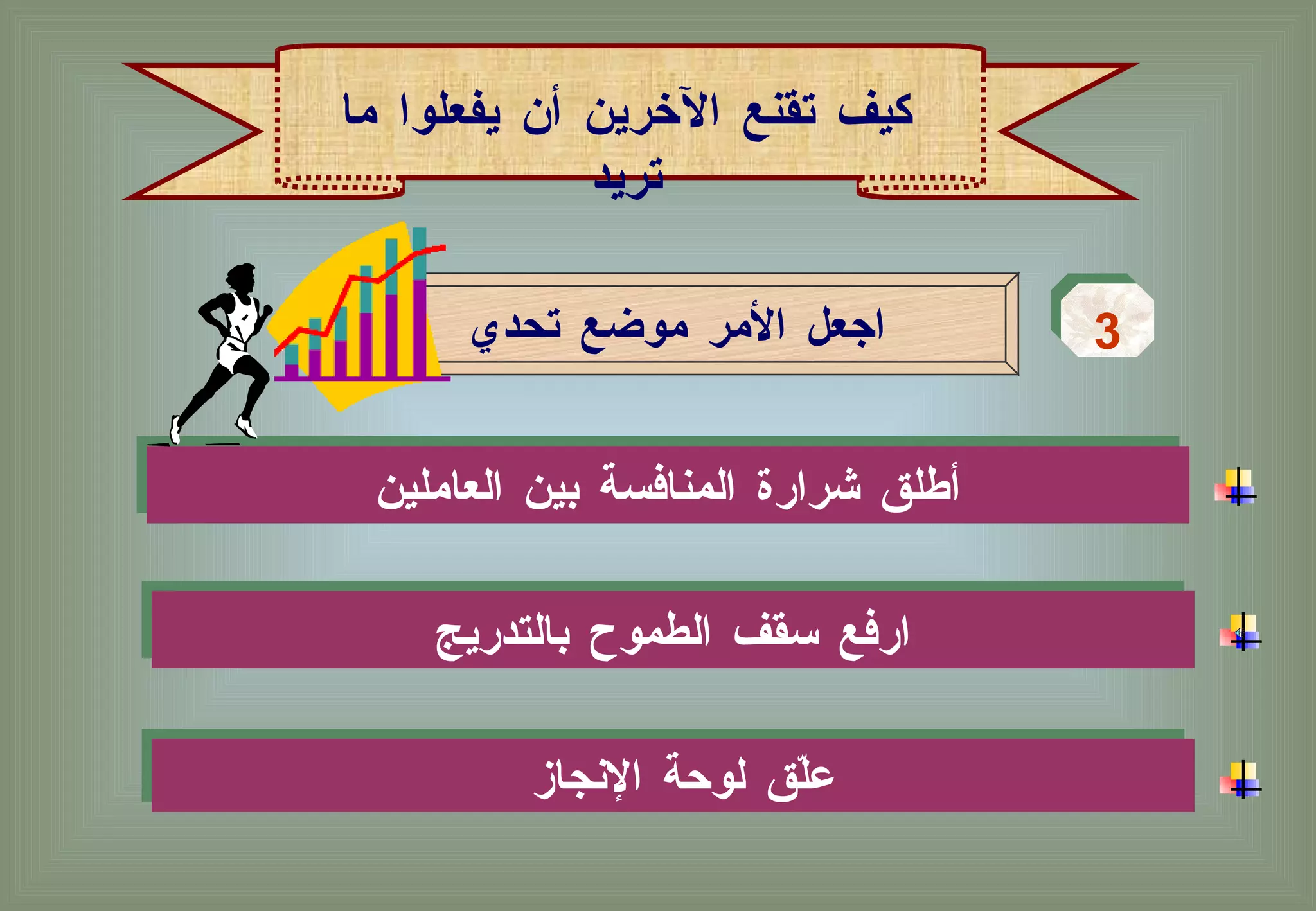 أطلق شرارة المنافسة بين العاملين  اجعل الأمر موضع تحدي  3 كيف تقنع الآخرين أن يفعلوا ما تريد ارفع سقف الطموح بالتدريج  علّق لوحة الإنجاز  