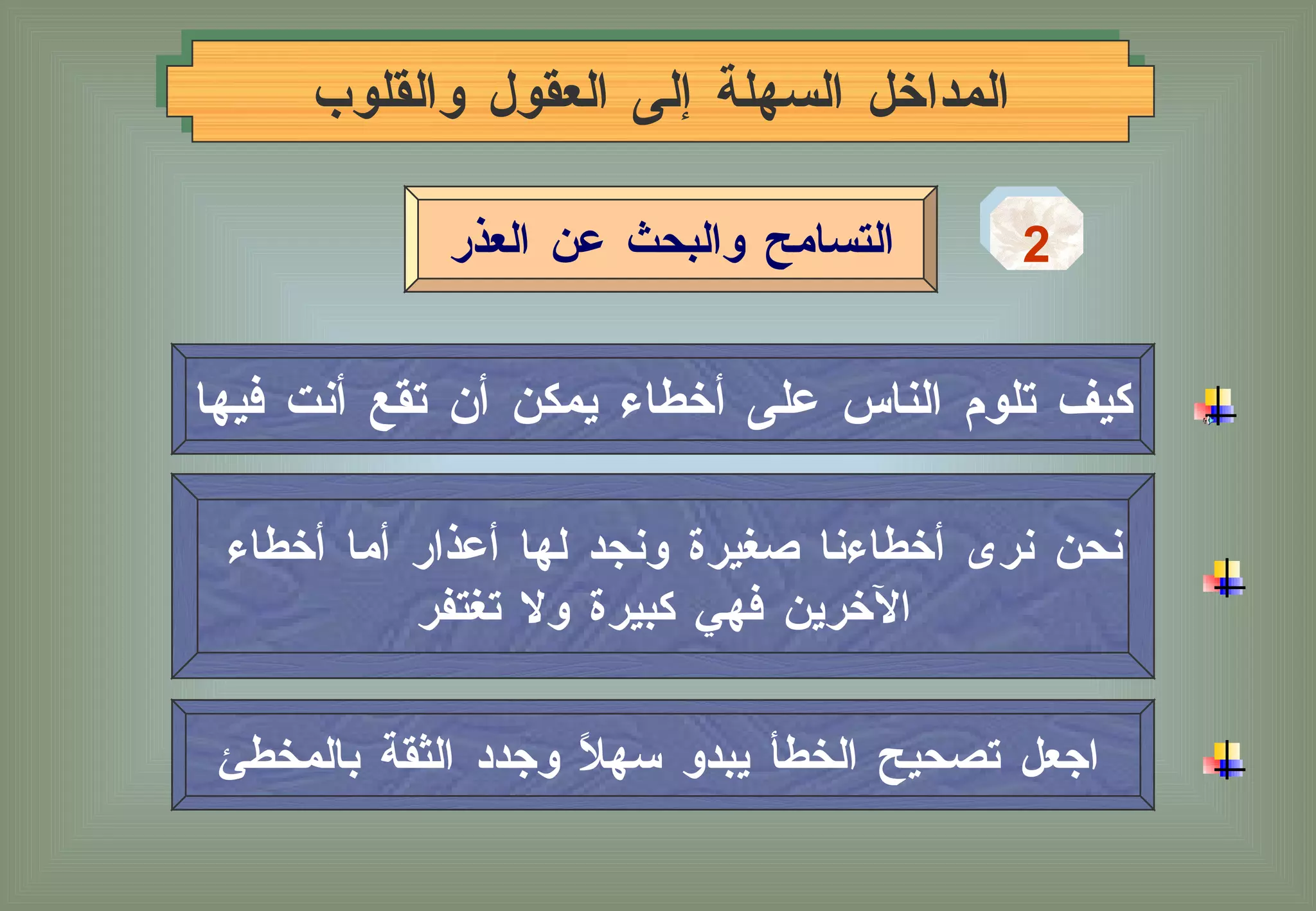 المداخل السهلة إلى العقول والقلوب كيف تلوم الناس على أخطاء يمكن أن تقع أنت فيها نحن نرى أخطاءنا صغيرة ونجد لها أعذار أما أخطاء  الآخرين فهي كبيرة ولا تغتفر اجعل تصحيح الخطأ يبدو سهلاً وجدد الثقة بالمخطئ 2 التسامح والبحث عن العذر 