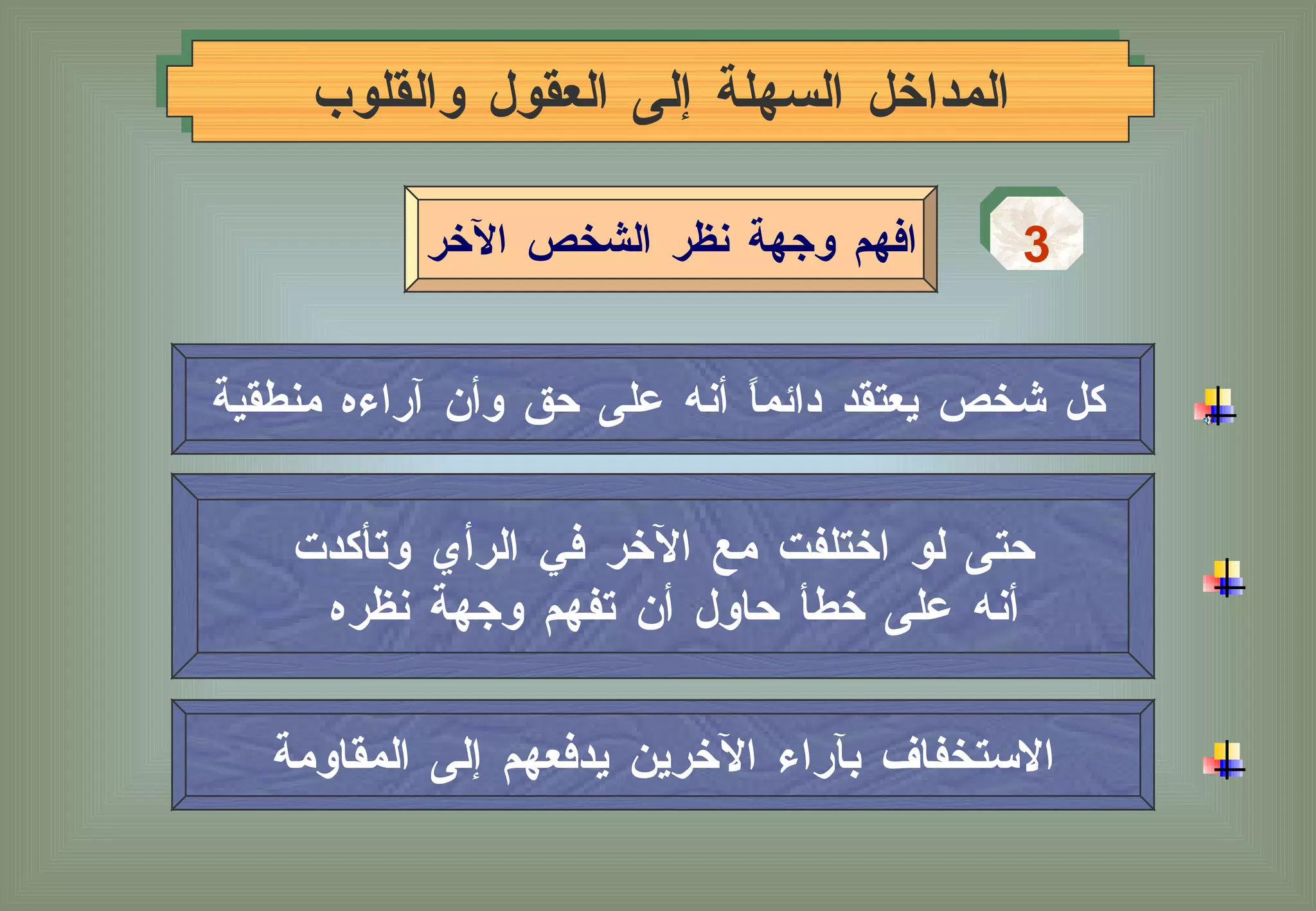 المداخل السهلة إلى العقول والقلوب كل شخص يعتقد دائماً أنه على حق وأن آراءه منطقية حتى لو اختلفت مع الآخر في الرأي وتأكدت أنه على خطأ حاول أن تفهم وجهة نظره الاستخفاف بآراء الآخرين يدفعهم إلى المقاومة 3 افهم وجهة نظر الشخص الآخر 