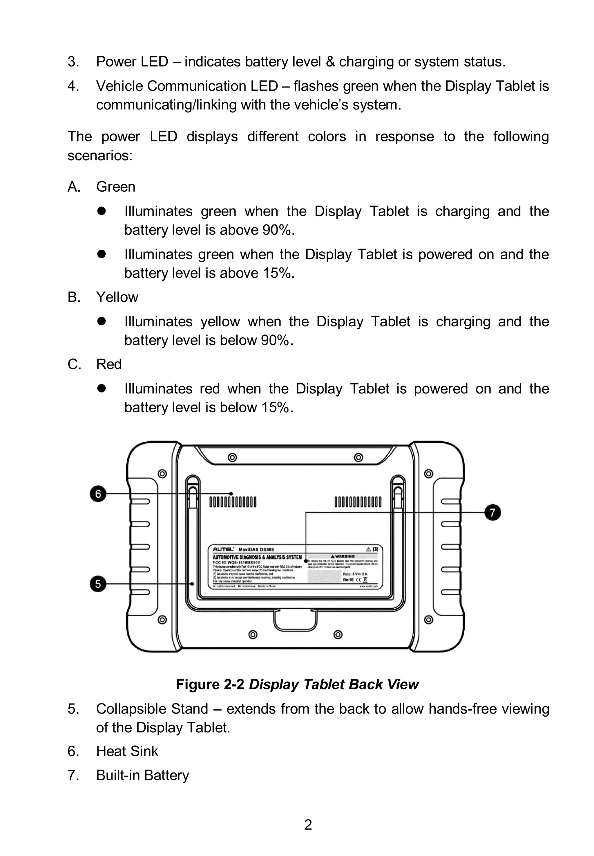 2
3. Power LED – indicates battery level & charging or system status.
4. Vehicle Communication LED – flashes green when the Display Tablet is
communicating/linking with the vehicle’s system.
The power LED displays different colors in response to the following
scenarios:
A. Green
 Illuminates green when the Display Tablet is charging and the
battery level is above 90%.
 Illuminates green when the Display Tablet is powered on and the
battery level is above 15%.
B. Yellow
 Illuminates yellow when the Display Tablet is charging and the
battery level is below 90%.
C. Red
 Illuminates red when the Display Tablet is powered on and the
battery level is below 15%.
Figure 2-2 Display Tablet Back View
5. Collapsible Stand – extends from the back to allow hands-free viewing
of the Display Tablet.
6. Heat Sink
7. Built-in Battery
 