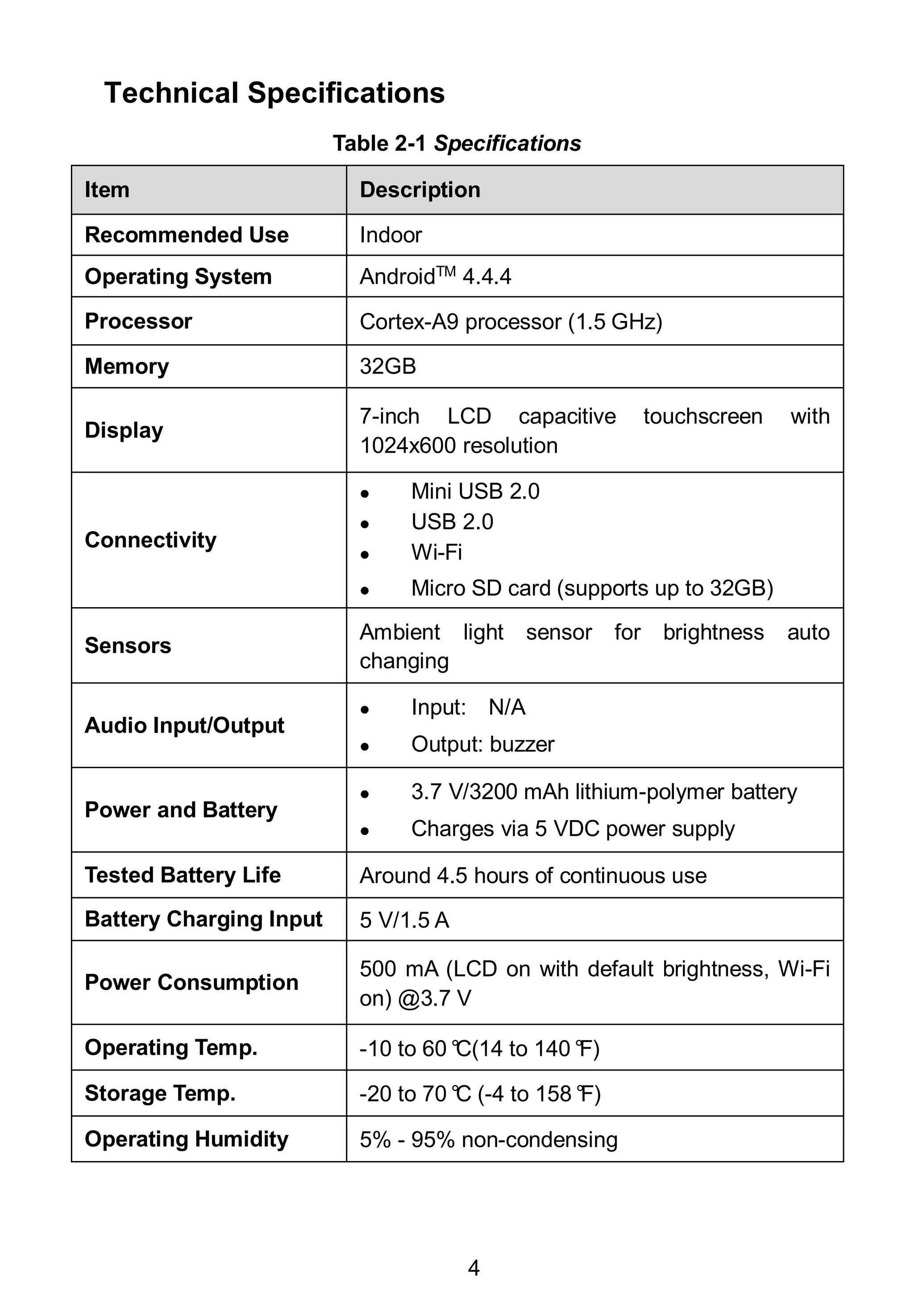 4
Technical Specifications
Table 2-1 Specifications
Item Description
Recommended Use Indoor
Operating System AndroidTM
4.4.4
Processor Cortex-A9 processor (1.5 GHz)
Memory 32GB
Display
7-inch LCD capacitive touchscreen with
1024x600 resolution
Connectivity
 Mini USB 2.0
 USB 2.0
 Wi-Fi
 Micro SD card (supports up to 32GB)
Sensors
Ambient light sensor for brightness auto
changing
Audio Input/Output
 Input: N/A
 Output: buzzer
Power and Battery
 3.7 V/3200 mAh lithium-polymer battery
 Charges via 5 VDC power supply
Tested Battery Life Around 4.5 hours of continuous use
Battery Charging Input 5 V/1.5 A
Power Consumption
500 mA (LCD on with default brightness, Wi-Fi
on) @3.7 V
Operating Temp. -10 to 60°C(14 to 140°F)
Storage Temp. -20 to 70°C (-4 to 158°F)
Operating Humidity 5% - 95% non-condensing
 