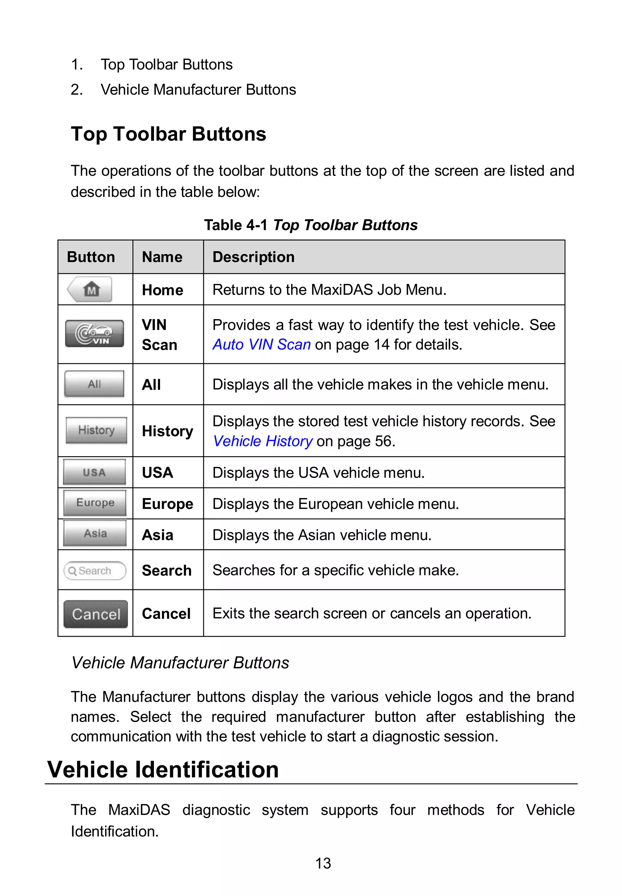 13
1. Top Toolbar Buttons
2. Vehicle Manufacturer Buttons
Top Toolbar Buttons
The operations of the toolbar buttons at the top of the screen are listed and
described in the table below:
Table 4-1 Top Toolbar Buttons
Button Name Description
Home Returns to the MaxiDAS Job Menu.
VIN
Scan
Provides a fast way to identify the test vehicle. See
Auto VIN Scan on page 14 for details.
All Displays all the vehicle makes in the vehicle menu.
History
Displays the stored test vehicle history records. See
Vehicle History on page 56.
USA Displays the USA vehicle menu.
Europe Displays the European vehicle menu.
Asia Displays the Asian vehicle menu.
Search Searches for a specific vehicle make.
Cancel Exits the search screen or cancels an operation.
Vehicle Manufacturer Buttons
The Manufacturer buttons display the various vehicle logos and the brand
names. Select the required manufacturer button after establishing the
communication with the test vehicle to start a diagnostic session.
Vehicle Identification
The MaxiDAS diagnostic system supports four methods for Vehicle
Identification.
 