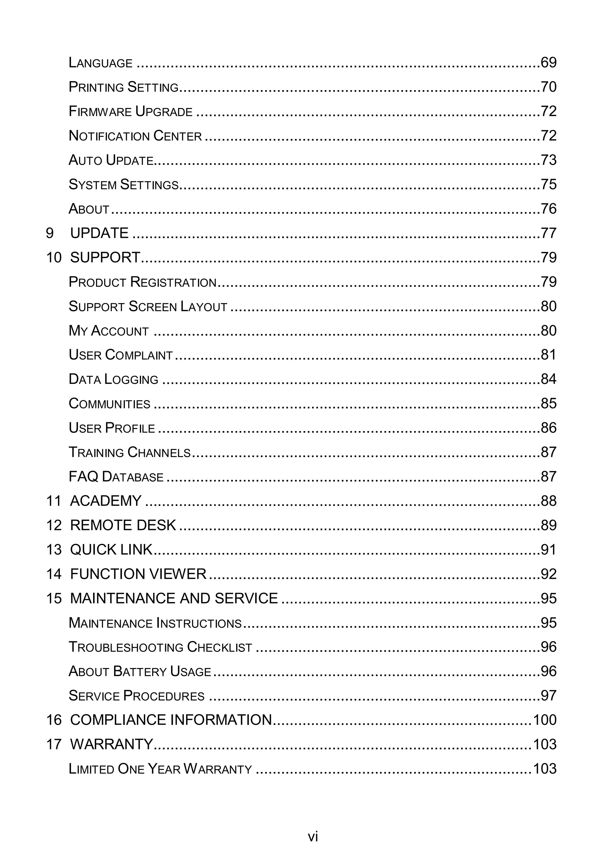 vi
LANGUAGE ...............................................................................................69
PRINTING SETTING.....................................................................................70
FIRMWARE UPGRADE .................................................................................72
NOTIFICATION CENTER ...............................................................................72
AUTO UPDATE...........................................................................................73
SYSTEM SETTINGS.....................................................................................75
ABOUT.....................................................................................................76
9 UPDATE ................................................................................................77
10 SUPPORT..............................................................................................79
PRODUCT REGISTRATION............................................................................79
SUPPORT SCREEN LAYOUT .........................................................................80
MY ACCOUNT ...........................................................................................80
USER COMPLAINT ......................................................................................81
DATA LOGGING .........................................................................................84
COMMUNITIES ...........................................................................................85
USER PROFILE ..........................................................................................86
TRAINING CHANNELS..................................................................................87
FAQ DATABASE ........................................................................................87
11 ACADEMY .............................................................................................88
12 REMOTE DESK .....................................................................................89
13 QUICK LINK...........................................................................................91
14 FUNCTION VIEWER..............................................................................92
15 MAINTENANCE AND SERVICE .............................................................95
MAINTENANCE INSTRUCTIONS......................................................................95
TROUBLESHOOTING CHECKLIST ...................................................................96
ABOUT BATTERY USAGE.............................................................................96
SERVICE PROCEDURES ..............................................................................97
16 COMPLIANCE INFORMATION.............................................................100
17 WARRANTY.........................................................................................103
LIMITED ONE YEAR WARRANTY .................................................................103
 